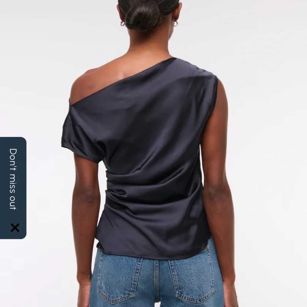 Asymmetrical One-Shoulder Satin Like Silk Like Top Navy Blue XS - Picture 6 of 9